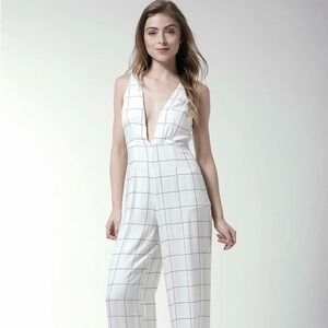 NWT Forever 21 Cream and Black Grid Plunging Neckline Jumpsuit Size S